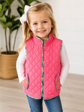 Lilly Pulitzer Girls Pink Quilted Puffer Vest Preppy Palm Floral Trim XS 2-3